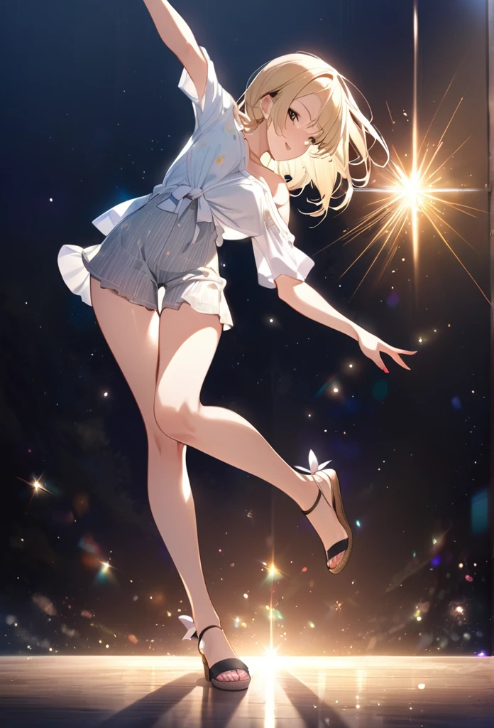 ((masterpiece)),(((Highest quality))),Thin thighs,Long legs,whole body:1.5，(One Girl:1.3),(More beautiful casual summer outfits：1.3),(Wearing light casual clothes:1.2),Short Blonde:1.2、Model pose，Gravure idol、
、flowerpunk、Sparkling light particles、Vivid gradient effect