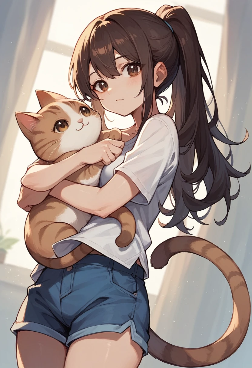 Anime girl hugging a girl with dark ponytail brown eyes and cute cat shirt and dark blue shorts 