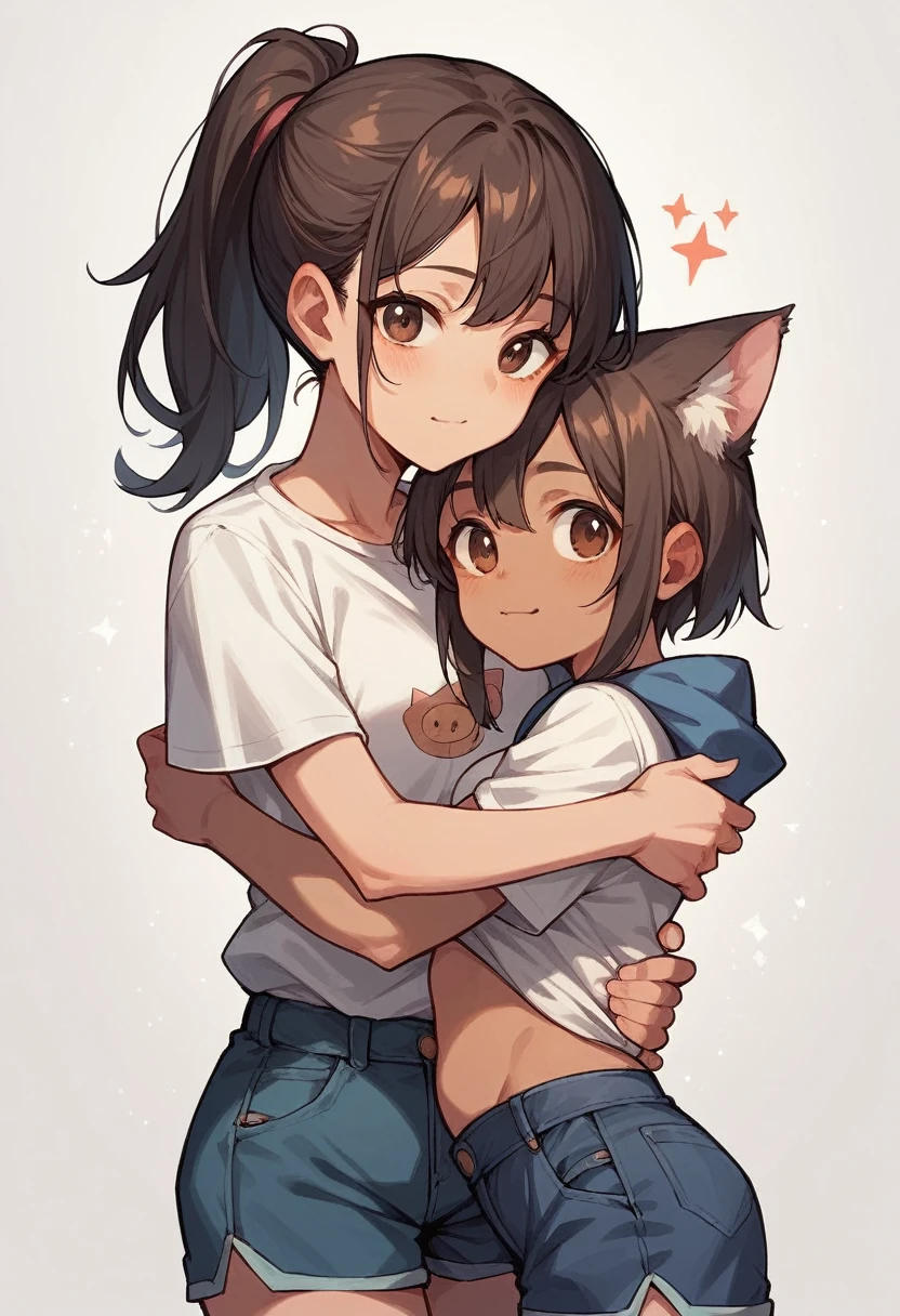 Anime girl hugging a girl with dark ponytail brown eyes and cute cat shirt and dark blue shorts 