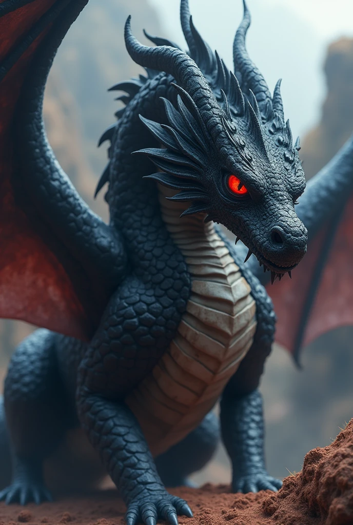 Giant Dragon。It's black and majestic。Red eyes。whole body。