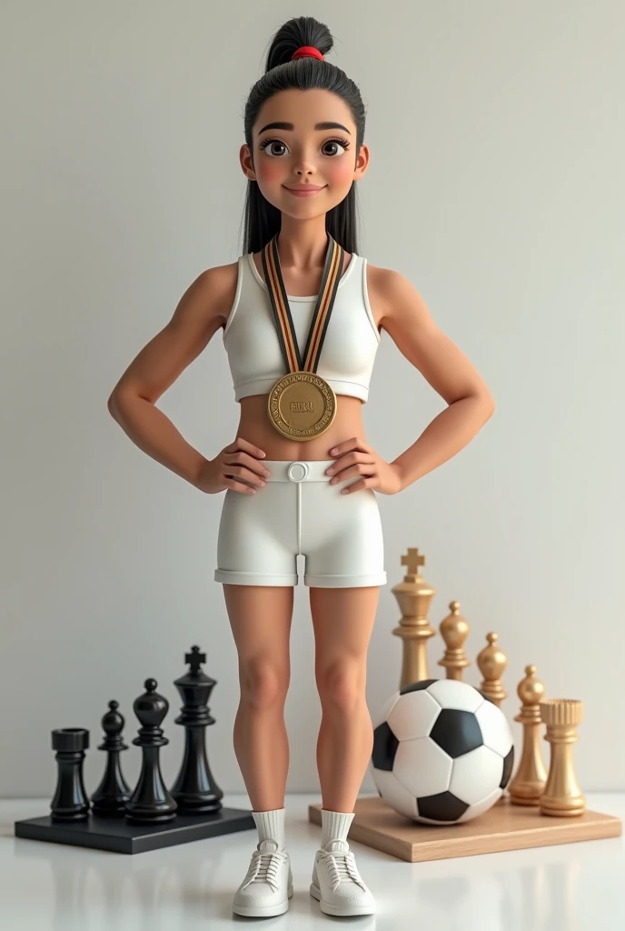 a woman with a soccer ball, a chessboard and several medals around his neck 