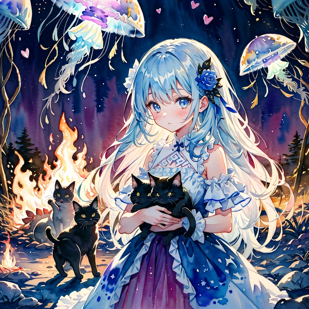 Heartful Love Style, two girls, a feeling of love, Dark Fantasy, Jellyfish, Bonfire, Future World, Peeping Cats (Watercolor:1.3), Delicate, Detail, Masterpiece,(colorful)illustration
