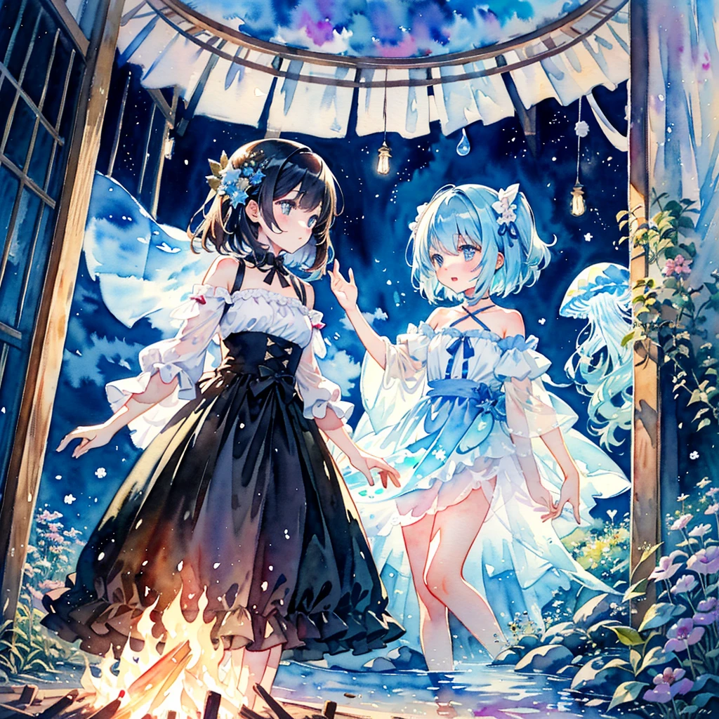 Heartful Love Style, two girls, a feeling of love, Dark Fantasy, Jellyfish, Bonfire, Future World, Peeping Cats (Watercolor:1.3), Delicate, Detail, Masterpiece,(colorful)illustration