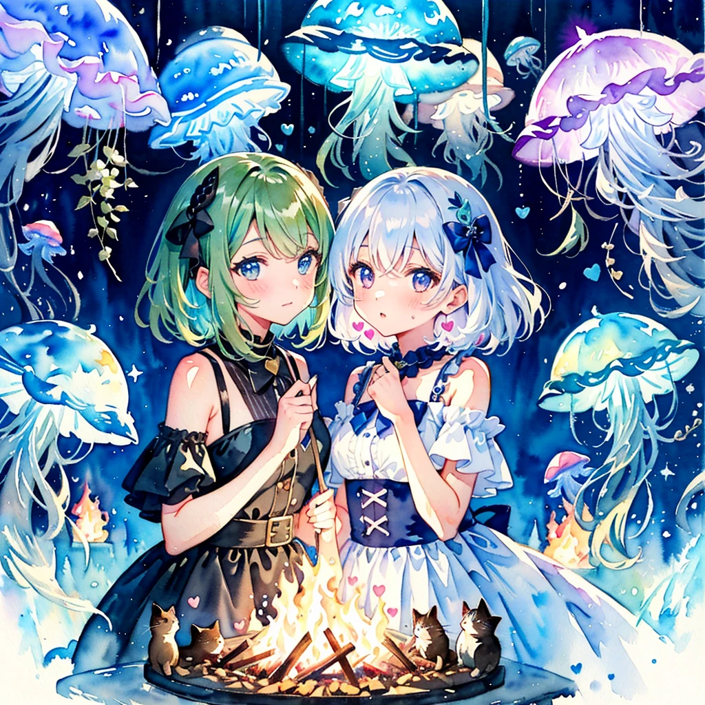 Heartful Love Style, two girls, a feeling of love, Dark Fantasy, Jellyfish, Bonfire, Future World, Peeping Cats (Watercolor:1.3), Delicate, Detail, Masterpiece,(colorful)illustration