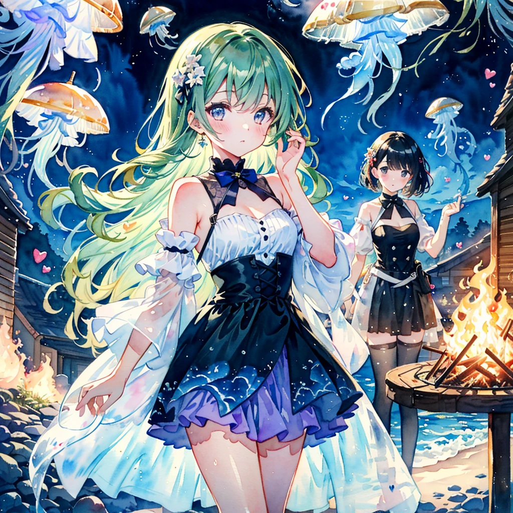 Heartful Love Style, two girls, a feeling of love, Dark Fantasy, Jellyfish, Bonfire, Future World, Peeping Cats (Watercolor:1.3), Delicate, Detail, Masterpiece,(colorful)illustration