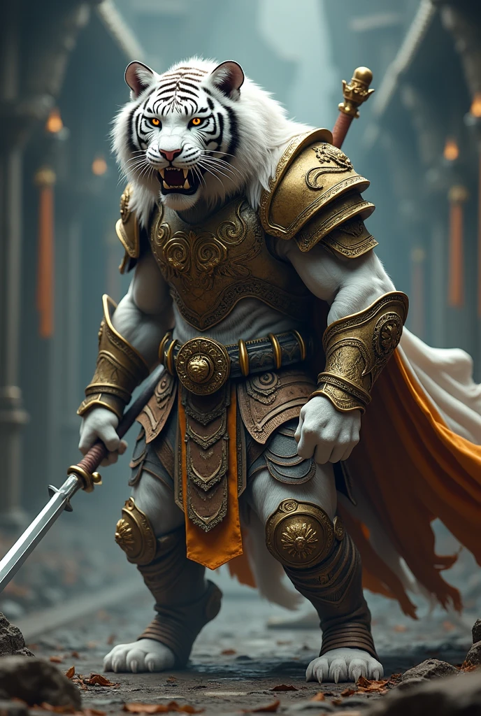 A warrior, a white tiger with his weapons, highly detailed, intricate, realistic, cinematic, dramatic lighting, photorealistic, octane render, 8k, hyper detailed, muscular figure, fierce expression, glowing eyes, sharp fangs, powerful stance, ornate armor, gilded details, flowing cape, medieval setting, mystical atmosphere, rich color palette, dramatic shadows and highlights