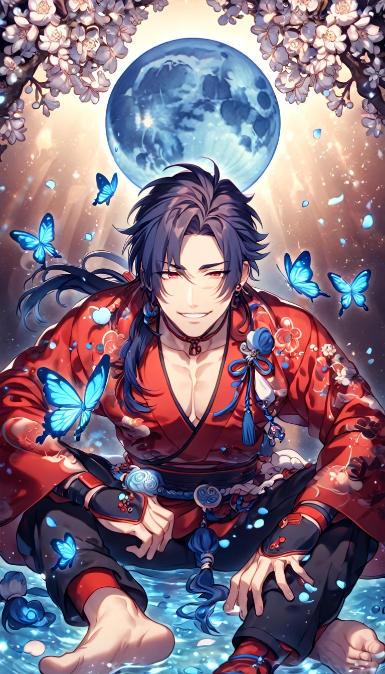 absurdres, highres, ultra detailed, HDR, master piece, best quality, extremely detailed, Koujaku, dark navy hair that is short and a little chopped at the top, has a thick fringe over the right side of his face and keeps the rest tied, expressive red eyes, Dramatical Murder, solo, sexy man sitting, handsome, handsome smile, manly man, sensual, horny, red kimono, patterns, black pants, fantasy, magical, blue moon, blue flowers, blue butterflies, blue petals, blossoms, water