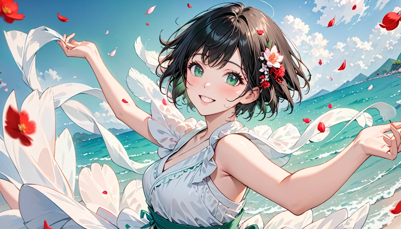 Beautiful and delicate portrait of a playful cute girl with boyish short hair, Black Hair, Emerald Green Sea, Mischievous Smile, Dancing Petals, (Highest quality, masterpiece, Ultra-realistic) Floating petals in the background