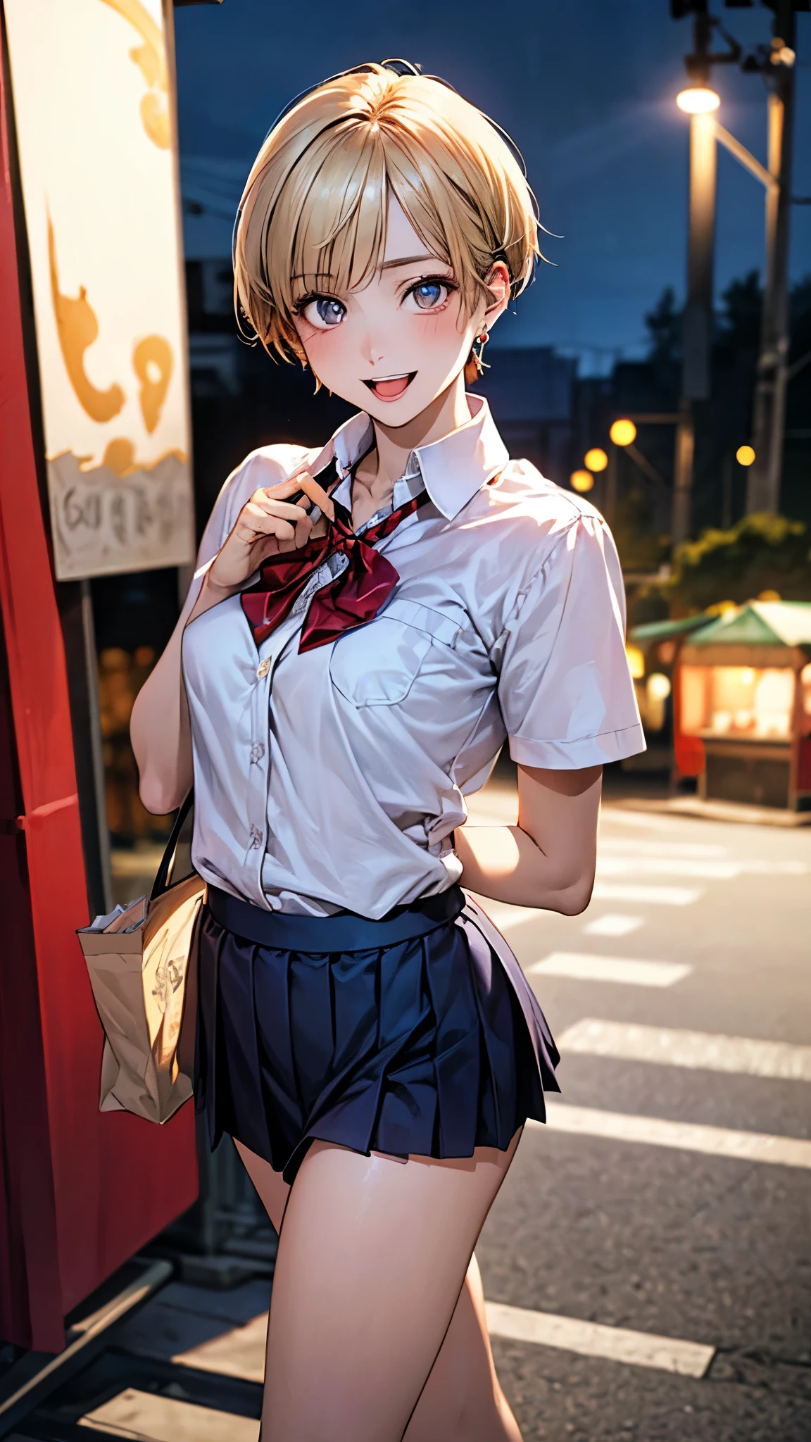 (masterpiece:1.2, highest quality), (realistic photo:1.4), beautiful illustrations, (natural side lighting, movie lighting), 
beautiful hair, beautiful face, detailed and beautiful eyes, beautiful clavicle, beautiful body, beautiful breasts, beautiful thighs, beautiful feet, beautiful fingers, 
looking at the viewer, 1 girl, 12 years old, (perfect anatomy, anatomically correct, super detailed skin), cute symmetrical face, baby face, perfect face, perfect eyes, 
(short hair, pixie cut hairstyle, blonde hair), swept bangs, gold eyes, long eye lasher, (medium breasts, seductive thighs), perfect body, shiny skin, slender, 
(short sleeve white collared shirt, navy pleated mini skirt, break red bow tie), break white socks, earrings, break 
(beautiful scenery), night, (night market), (walking, (eating snacks)), (happy smile, open mouth, feeling of satisfaction), 