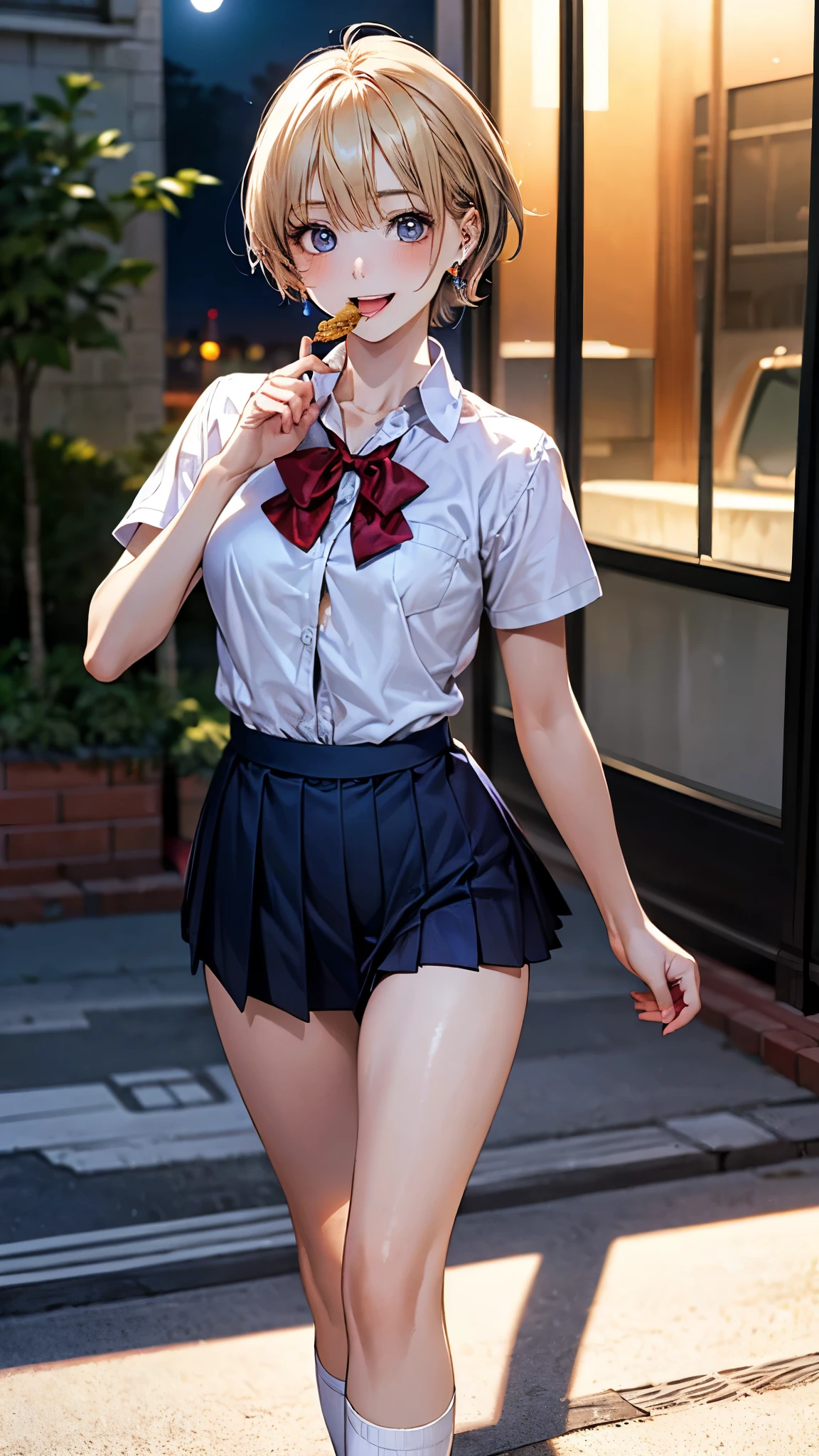 (masterpiece:1.2, highest quality), (realistic photo:1.4), beautiful illustrations, (natural side lighting, movie lighting),
beautiful hair, beautiful face, detailed and beautiful eyes, beautiful clavicle, beautiful body, beautiful breasts, beautiful thighs, beautiful feet, beautiful fingers,
looking at the viewer, 1 girl, , (perfect anatomy, anatomically correct, super detailed skin), cute symmetrical face, baby face, pce, perfect eyes,
(short hair, pixie cut hairstyle, blonde hair), swept bangs, gold eyes, long eye lasher, (medium breasts, seductive thighs), perfect body, shiny skin, slender,
(short sleeve white collared shirt, navy pleated mini skirt, break red bow tie), break white socks, earrings, break
(beautiful scenery), night, (night market), (walking, (eating snacks)), (happy smile, open mouth, feeling of satisfaction),