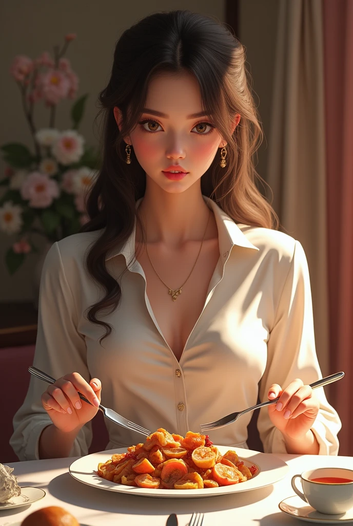 Female character holding fork and knife, facing the front, eating on the table and looking at the plate of food 