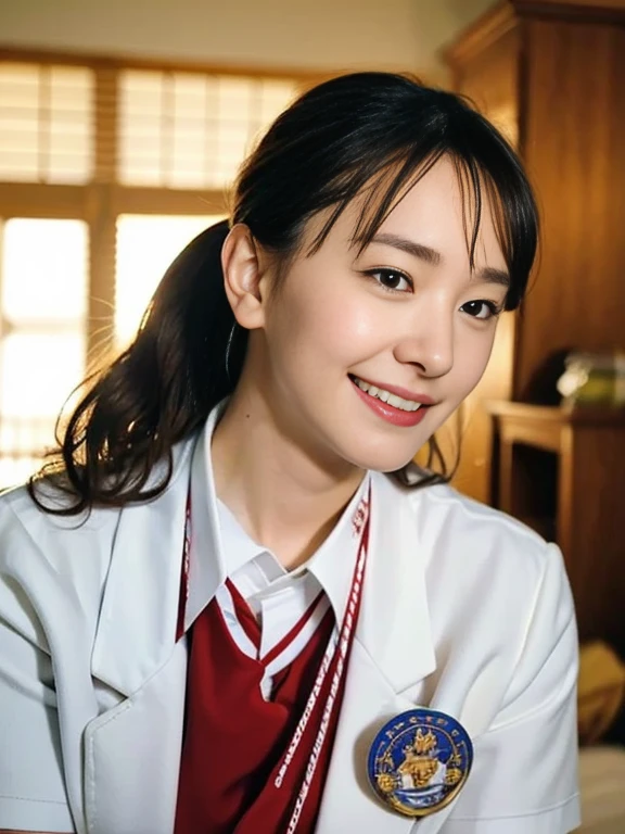 (Masterpiece, Best quality: 1.2), (Ultra realistic, Photo-realistic: 1.2), Japanese high school uniform, Sailor suit, White short-sleeve suit, Navy skirt, Red necktie, Natural light, 25 years old school girls, Japanese women, Neat and clean, School, (ponytail:1.2), Light brown hair color, (Beautiful Face), Oval face, clear, (Beautiful eyes, Kind eyes), (Clear skin), Small face, (Small mouth, Beautiful mouth), Natural makeup, Approachable, Luxury hotel Suite room, On bed, Seductive smile, (Seductive pose:1.2), (Beautiful thighs:1.2), Bedroom eyes,