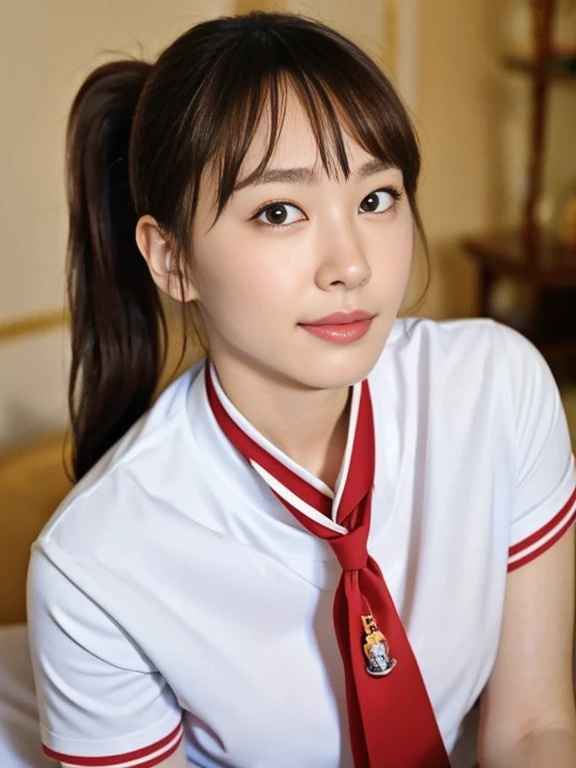 (Masterpiece, Best quality: 1.2), (Ultra realistic, Photo-realistic: 1.2), Japanese high school uniform, Sailor suit, White short-sleeve suit, Navy skirt, Red necktie, Natural light, 25 years old school girls, Japanese women, Neat and clean, School, (ponytail:1.2), Light brown hair color, (Beautiful Face), Oval face, clear, (Beautiful eyes, Kind eyes), (Clear skin), Small face, (Small mouth, Beautiful mouth), Natural makeup, Approachable, Luxury hotel Suite room, On bed, Seductive smile, (Seductive pose:1.2), (Beautiful thighs:1.2), Bedroom eyes,