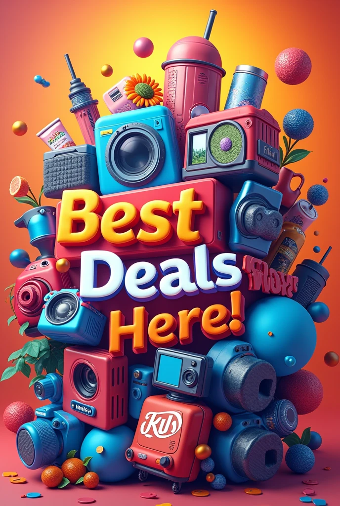 Create a visual montage of several popular products with large 'Discount' and 'Deals' tags. Include text like 'Best Deals Here!' to highlight the savings."