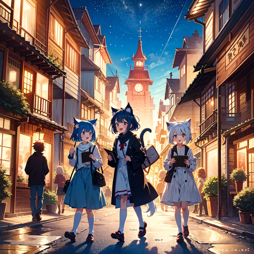 two catgirls, traveling to fantasy realm, excited, bustling, dynamic, celebrating, milestone, whimsical anime world, youkai, colored pencils