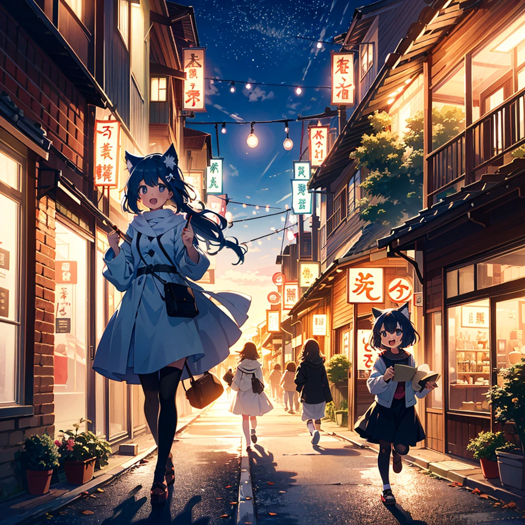 two catgirls, traveling to fantasy realm, excited, bustling, dynamic, celebrating, milestone, whimsical anime world, youkai, colored pencils
