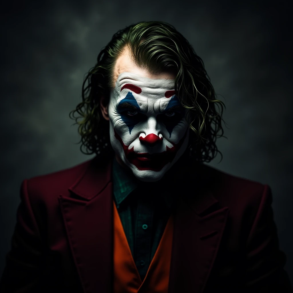 Make a dark wallpaper for my PC of Heath Ledger&#39;s Joker. character from the movie The Dark Knight,