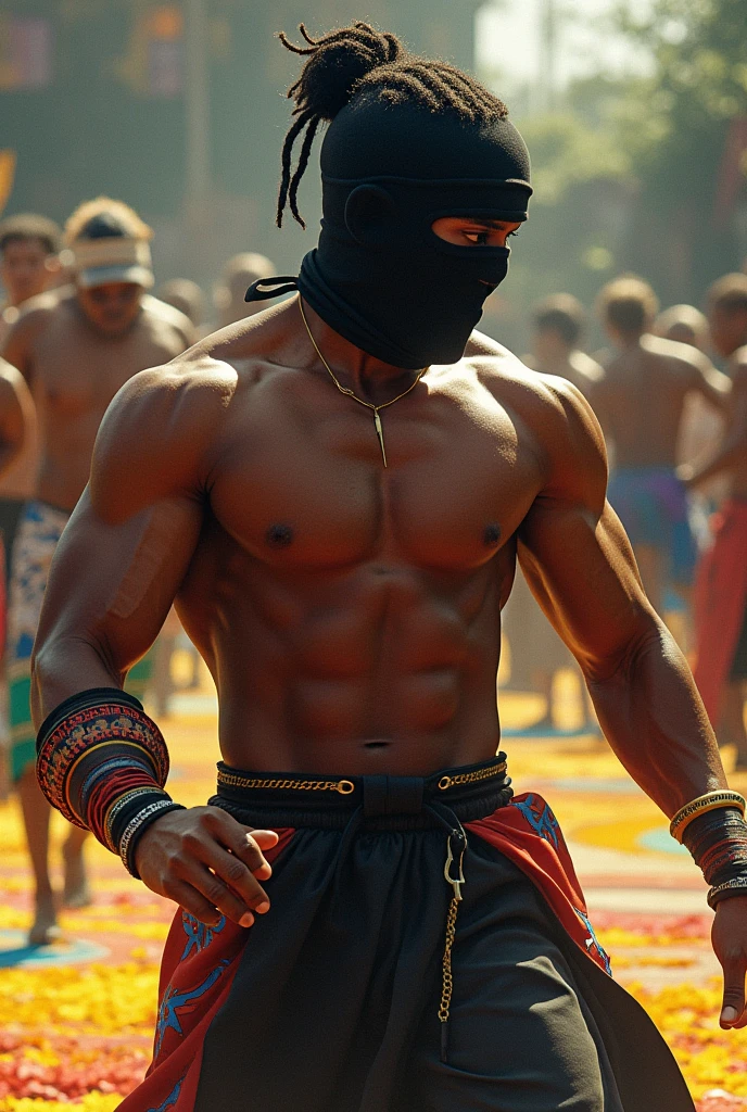 A capoeira fighter with a black head and a black mask on his face. Shirtless black man. A fighter.