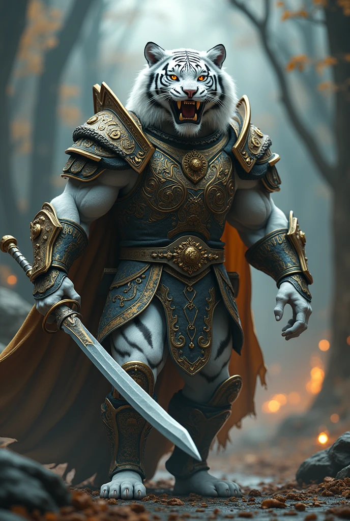 A warrior, a white tiger with his weapons, highly detailed, intricate, realistic, cinematic, dramatic lighting, photorealistic, octane render, 8k, hyper detailed, muscular figure, fierce expression, glowing eyes, sharp fangs, powerful stance, ornate armor, gilded details, flowing cape, medieval setting, mystical atmosphere, rich color palette, dramatic shadows and highlights