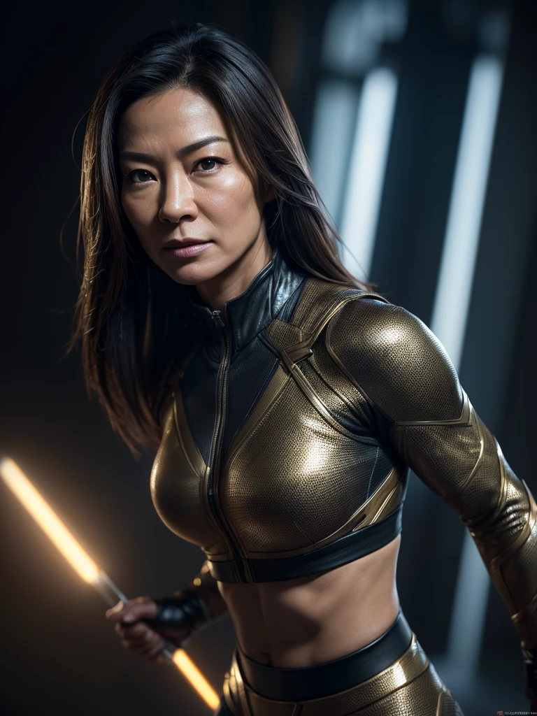 Michelle Yeoh as a superhero, glowing lights, (dynamic pose), (hyper realistic:1.4), (realistic:1.3), (best quality real texture skin), full body, (Cinematic Light), highly detailed skin, skin pores, (highly detailed face:1.1), (highly detailed eyes:1.1), realistic pupils, (perfect anatomy:1.1), (perfect proportions:1.1), (photography:1.1), (photorealistic:1.1), volumetric lighting, dynamic lighting, real shadows, (highres:1.1), sharp focus, daylight, (realistic, hyperrealistic:1.4), intricate, high detail, dramatic, subsurface scattering, big depth of field, vivid, polished, sharpened, ((full Sharp)), (extremely absurdres),8k hdr