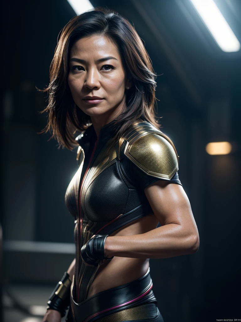 Michelle Yeoh as a superhero, glowing lights, (dynamic pose), (hyper realistic:1.4), (realistic:1.3), (best quality real texture skin), full body, (Cinematic Light), highly detailed skin, skin pores, (highly detailed face:1.1), (highly detailed eyes:1.1), realistic pupils, (perfect anatomy:1.1), (perfect proportions:1.1), (photography:1.1), (photorealistic:1.1), volumetric lighting, dynamic lighting, real shadows, (highres:1.1), sharp focus, daylight, (realistic, hyperrealistic:1.4), intricate, high detail, dramatic, subsurface scattering, big depth of field, vivid, polished, sharpened, ((full Sharp)), (extremely absurdres),8k hdr