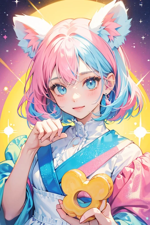 Dunk is a light blue girl donut-shaped koala with pink ears and , yellow paws, a black nose, and yellow, pink, orange, and light blue sprinkles. SPARKLE; GLITTER;