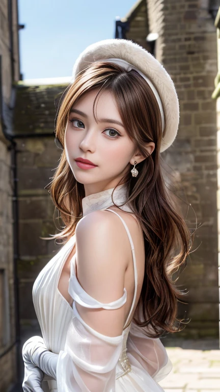 1 girl, very bright backlighting, solo, {beautiful and detailed eyes},calm expression, natural and soft light, hair blown by the breeze, delicate facial features, Blunt bangs, beautiful Russian girl,eye smile, very small earrings, 22yo, ((model pose)), Glamor body type,(half red and half brown hair,noble hairstyle:1.2), flim grain, realhands, masterpiece, Best Quality, photorealistic, ultra-detailed, finely detailed, high resolution,brown messy hair, perfect dynamic composition, beautiful detailed eyes, Russian girl,((nervous and embarrassed)),sharp-focus, beautymix, FilmGirl,smile,(wearing a noble white dress,hat,gloves :1.3),(Standing in a noble castle in England:1.3),(cowboy shot:1.3),facing reality,model pose