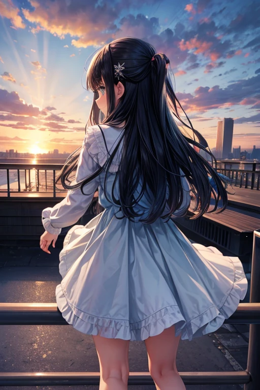 1 chico, 1 girl,blush, one side up,Blue dress,black blouse,autumn,Long girl hair,blue hair girl,Blonde hair boy , Upper part of the body, outdoor,cloudy,railing,Bridge, (girl hugging boy:1.2),(hetero,hug from behind:1.2), 