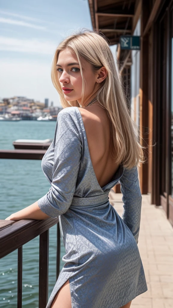 A beautiful europian girl, from behind, wearing Jacquard dress, pantyhose. She is 24 years old, has white hair and light sky blue eyes. Her cloth is stylish and her overall appearance is stunning. The girl's face is extremely detailed with beautifully detailed lips. Her skin is anatomically correct with realistic textures. The image should have super high details and be of the best quality, with a resolution of 8K. The final result should be a masterpiece, showcasing the girl's beauty and the vibrant atmosphere of the City waterfront with cafes and restaurants overlooking the sea