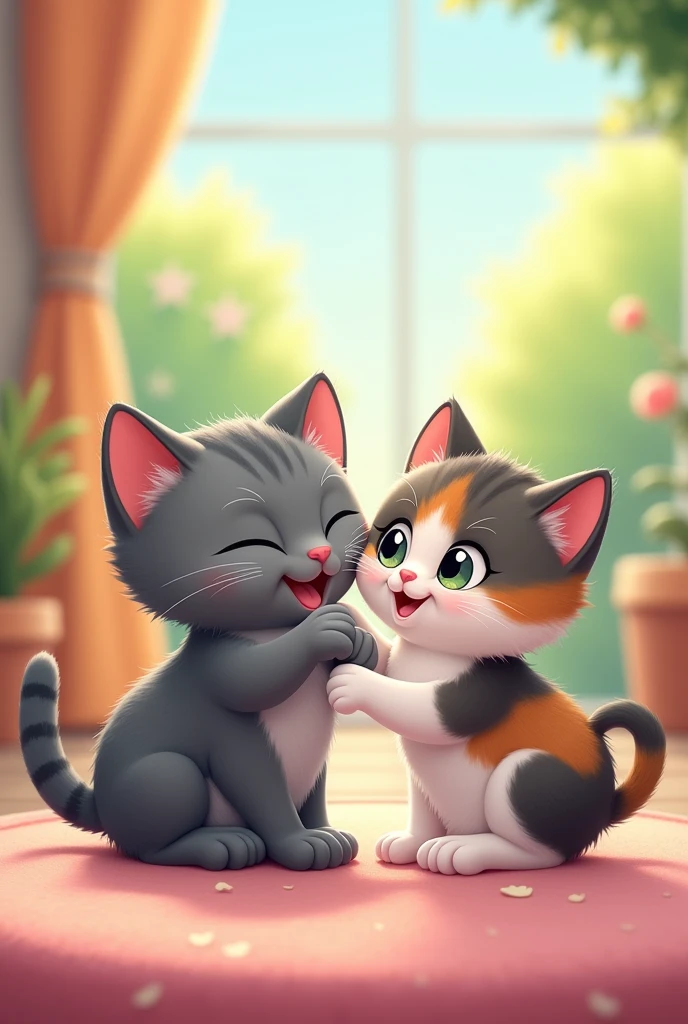Create a cartoon image with 3 kittens, um gris (mascle) a mixed one (gris, black andwhite) and a frajola with half a heart drawn on the back