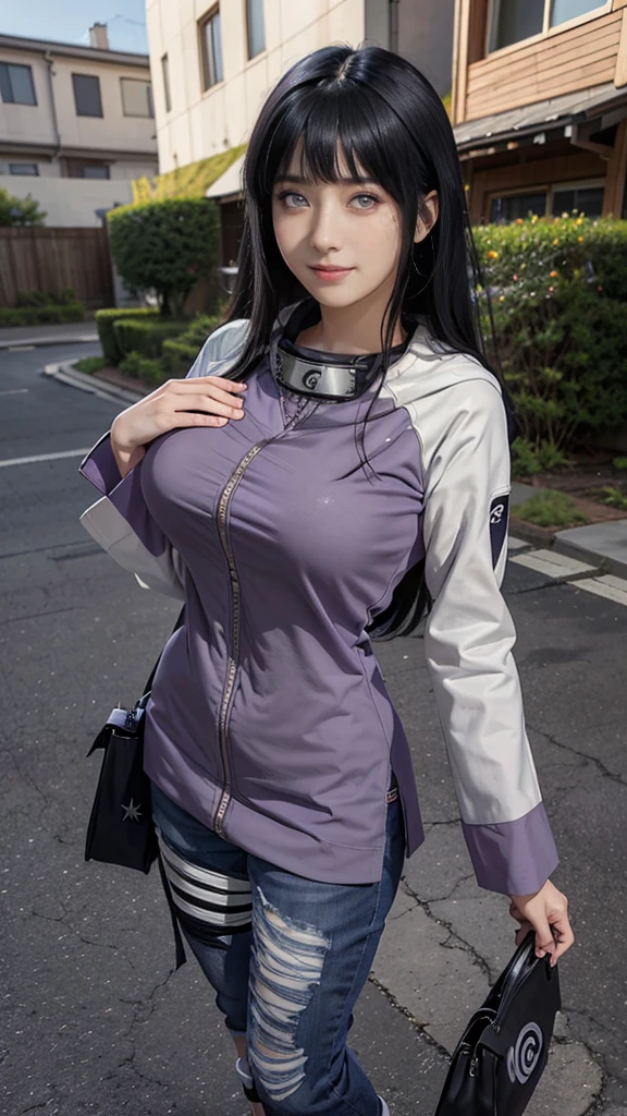 1girl, hyuga hinata in anime naruto, long hair, black hair, white eyes, smile, beautiful, purple clothes, very big breast, realistic clothes, detail clothes, outdoor background, ultra detail, realistic