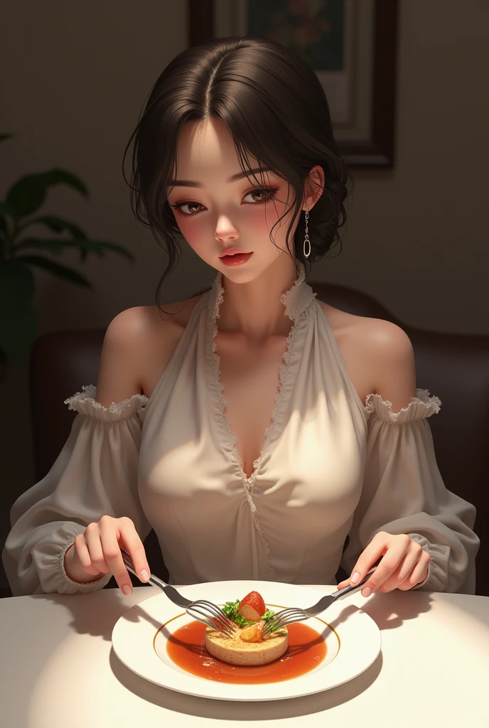 Female character holding fork and knife, facing the front, eating on the table and looking at the plate of food