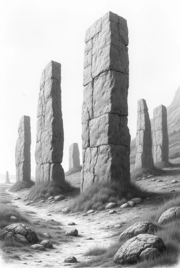 Megalithic monuments in pencil drawing