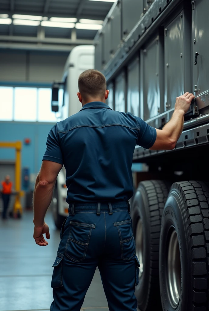 Latest work tools　Modern Tire Shop Big Truck Tires　Professional atmosphere　Back view of a strong man