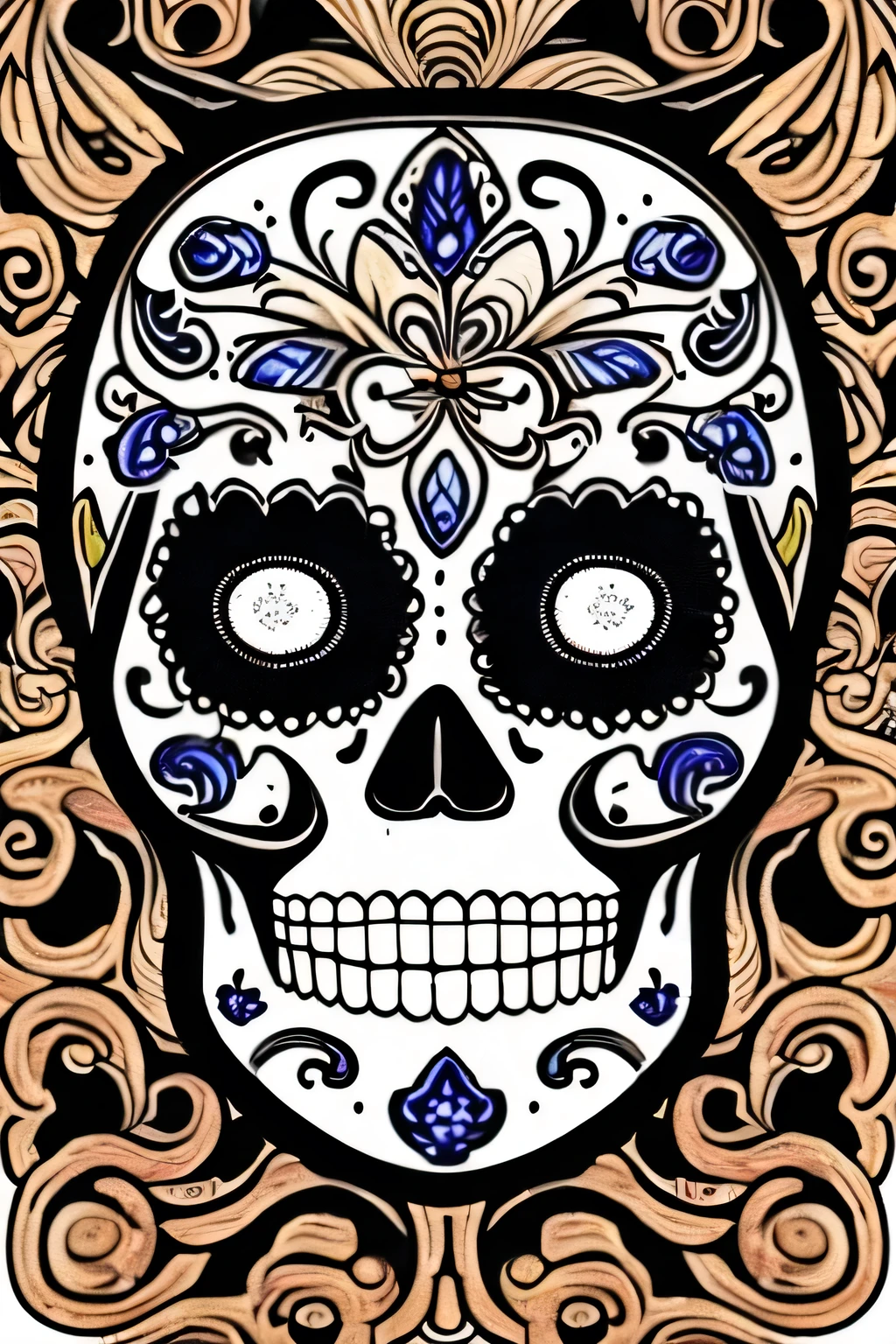Coloring page of a Drawing of a Catrina or Catrín mask for the Day of the Dead. Use thick lines and an attractive black and white design. Add festive details like flowers, mustaches or hats to give it personality. Line Art