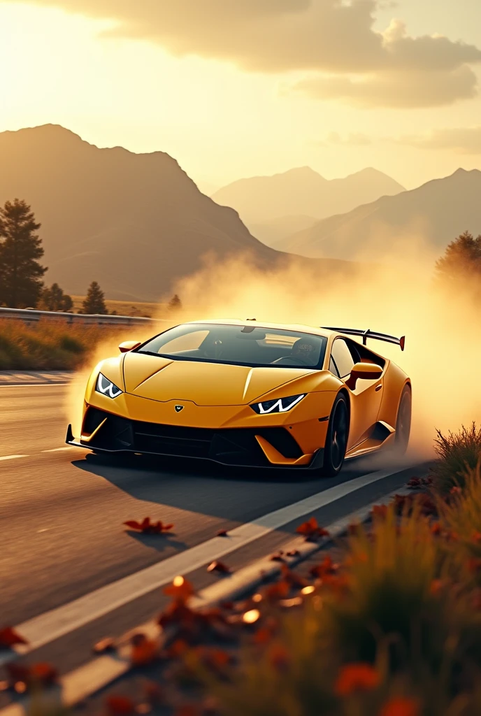 A cinematic, high-speed photograph of a yellow Lamborghini Huracan EVO sports car tearing through a race track, leaves and dust flying. The sun casts a warm, golden glow in the sky, marking the beautiful sunset hour. The mountains in the background provide a dramatic backdrop, and the car's powerful engine roars as it accelerates. The bottom-up angle shot emphasizes the sleek design and vibrant color of the vehicle, capturing its dynamic and powerful presence on the track., vibrant, cinematic, photo