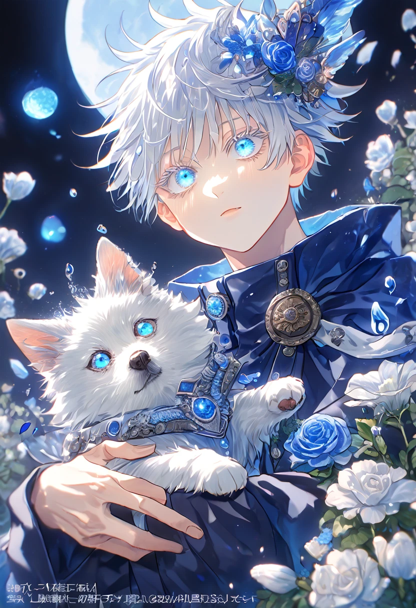 absurdres, highres, ultra detailed, HDR, master piece, Gojou Satoru, white hair with bangs, white eyelashes, expressive blue eyes, boy hugging a small wolf, white dog, expressive blue eyes, Jujutsu Kaisen, magical hat, cute, best quality, blue moon, flowers, fantasy, magical, solo, water, blue shining fireflies, blue petals, cape, the word "Krozseria" is written on his shirt,