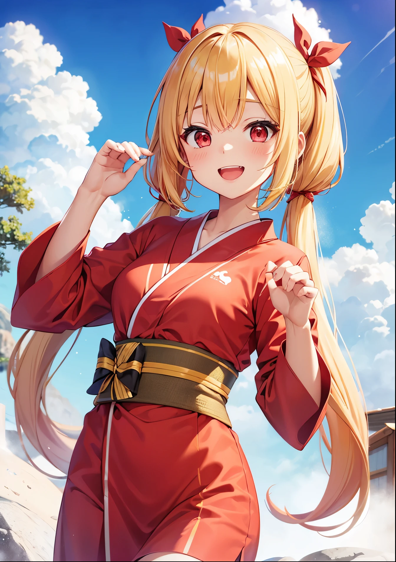 One girl, idol-like anime character, cute face, big mouth, big smile, droopy eyes, kind loving face, cheerful expression, customer service, blond twin-tail hair, wearing red ribbon, small breasts, hot spring innkeeper, long-sleeved yukata, hair clip, hands open, face in focus, front view, red eyes, both hands with five fingers, background 5 fingers, background, no shadow, high quality