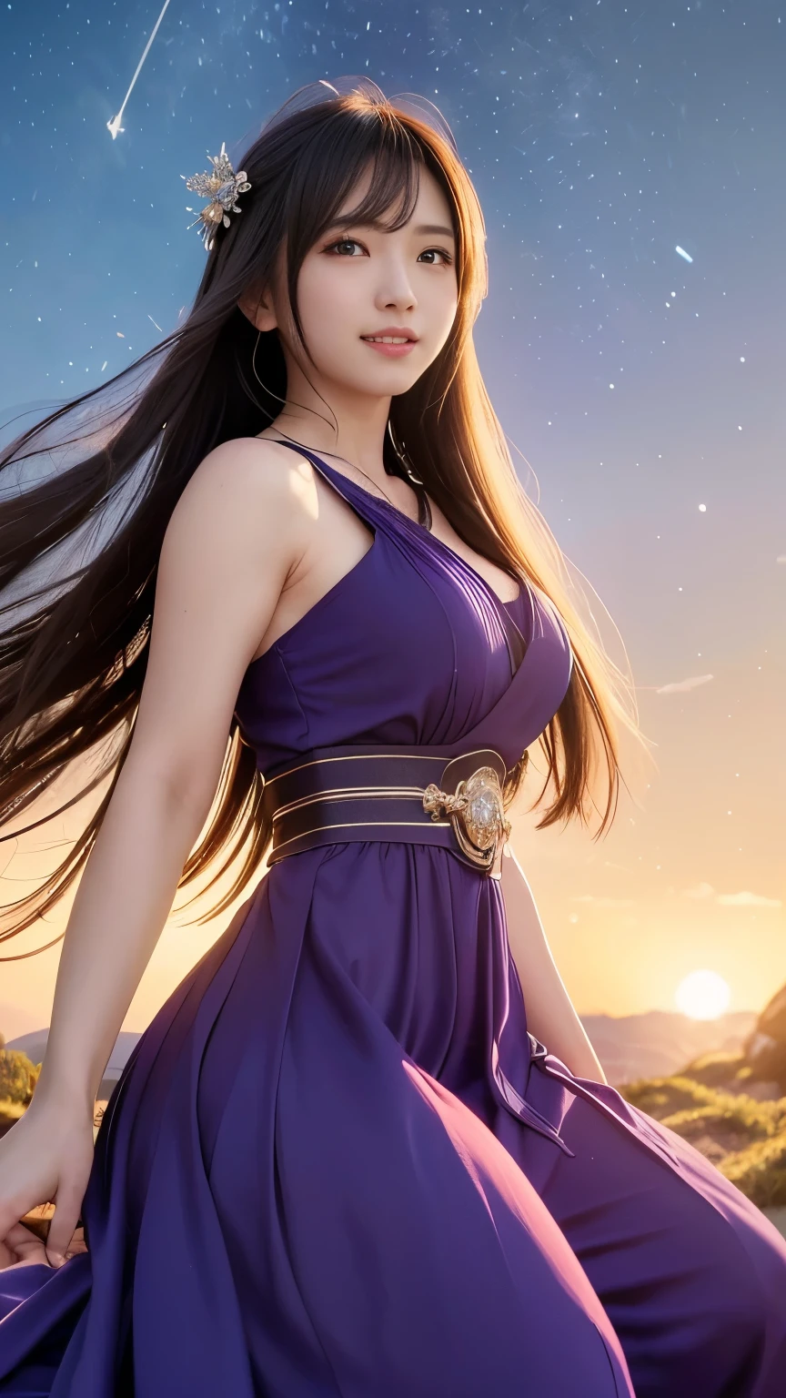 (logo、masterpiece、8k、Tabletop、RAW Photos、wonderful、最high quality、フォトリアルでVery detailedなCG合成8k壁紙、high quality、Very detailed、Narrative poem、Particle Effects、Dynamic Effects、Depth of the Boundary)What is written is、Cinematic Light、Lens flare、Ray Tracing)、Fantasy、(Purple Dress)、(night、night空、Starry Sky、full moon)、(Girl looking up at the sky)、sit、cute、Japanese style、 (smile)、Long Hair、Strong winds、(Hair blowing in the wind)、Natural light、moonlight、(Horizontal photography)、(chest emphasis)、(Low position)、(Low - Angle)
