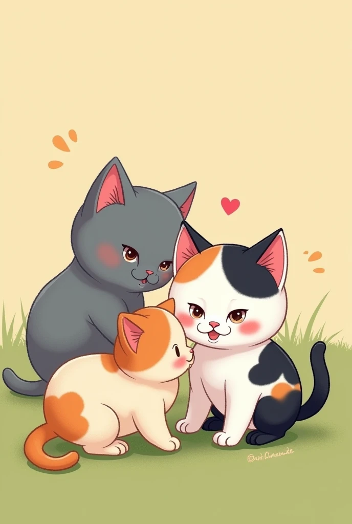 Create a cartoon image with 3 kittens, um gris (mascle) a mixed one (gris, black andwhite) and a frajola with half a heart drawn on the back, three kittens