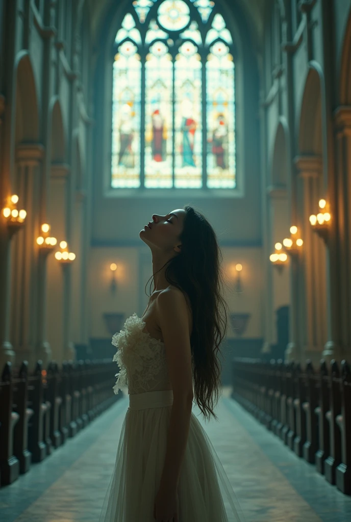 editorial photography,super detailed background,Super realistic,double exposure,depth of field,beauty super slender skinny vibes,soft focus tone,narrative scene,open lips,gothic style,??????? of Saint Teresa,at the cathedral,immoral,blasphemous,