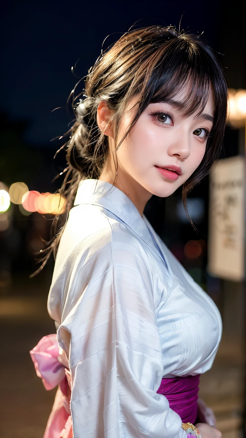 (logo、masterpiece、8k、Tabletop、RAW Photos、wonderful、最high quality、フォトリアリスティックでVery detailedな CG 複合 8k 壁紙、high quality、Very detailed、Narrative poem、Particle Effects、Dynamic Effects、Depth of the Boundary、Cinematic Light、Lens flare、Ray Tracing)、 (One beautiful woman wearing a yukata、White yukata、Light purple pattern)、Black-haired、High definition skin、Very fine、Fine skin texture、Beautiful Face、True Face、Beautiful details in the eyes、Realistic eyes、Beautifully detailed eyes、Realistic Skin、Beautiful Skin、Surreal、Smiling Eyes、Hair and light eyes、vivid、Colorful lights and bokeh、plump lower lip、Pink Lips、Hair flutters in Wind、Hair bounces、wonderful景色、night、evening、Wind、moonlight、moonlight、light