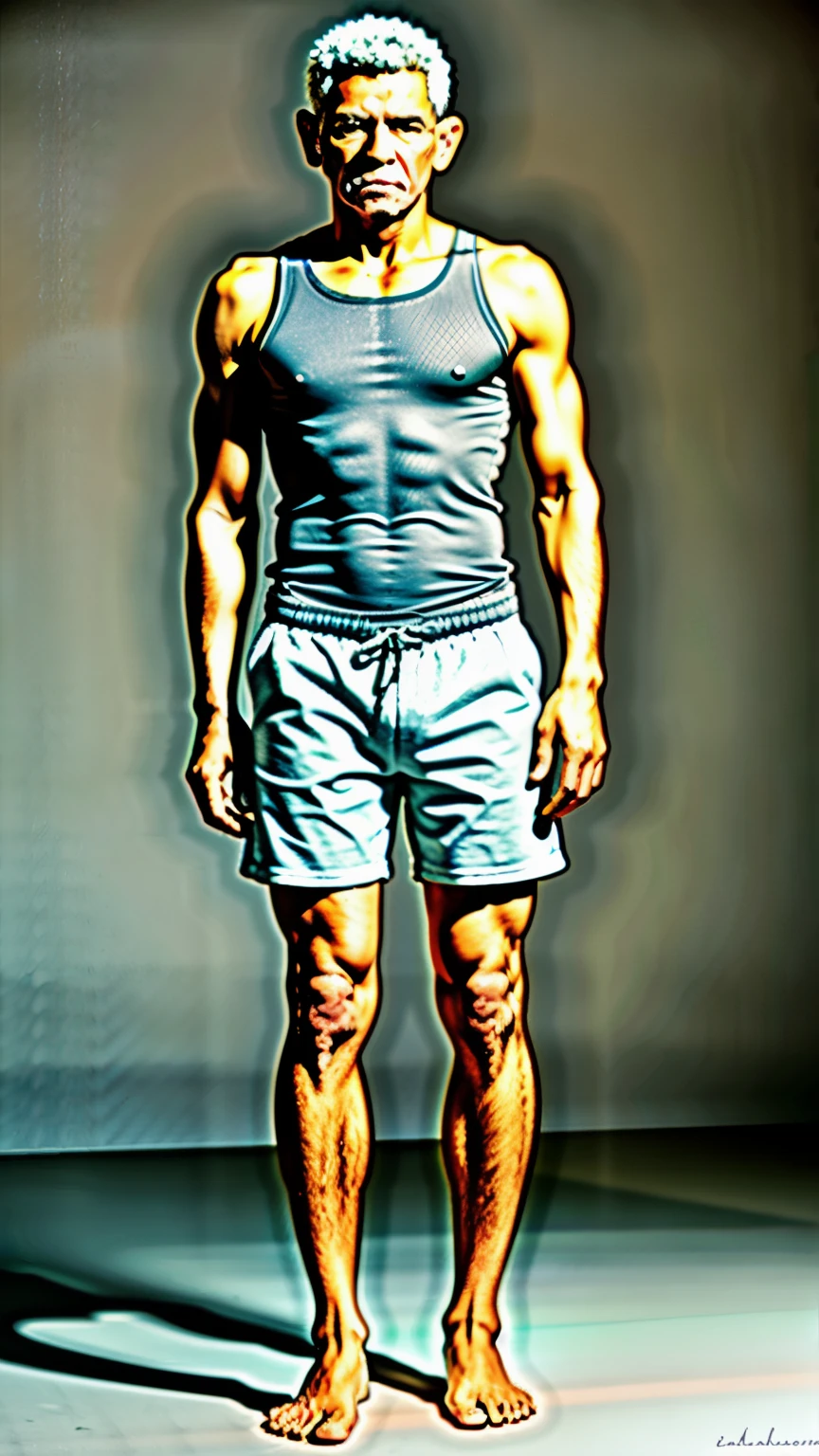 (masterpiece,best quality:1.4),(8k,raw photo,photo realistic:1.2),shiny skin,detailed skin,detailed face,detailed eyes,(((1male))), (((African old man))), ( masterpiece , ultra Detailed ) , (((photo reality))), (((photo))), (((real))), (((solo))), (((photo reality))), (((photo))), (((real))), 1 old-aged man standing in a room, wearing a tank top and shorts, full body shot, middle body shot, muscular tension, exaggerated muscular physique, slightly muscular, tanned skin, t-shirt and shorts, slim and symmetrical body, broad shoulders, tank top and shorts, central full body shot, slim and muscular build, a muscular tanned middle eastern man standing in a room wearing a tank top and shorts, full body shot, middle body shot, flexing muscles, exaggerated muscular physique, slightly muscular, tanned skin, wearing a tank top and shorts, centered full body shot, slender yet muscular build, broad shoulders
