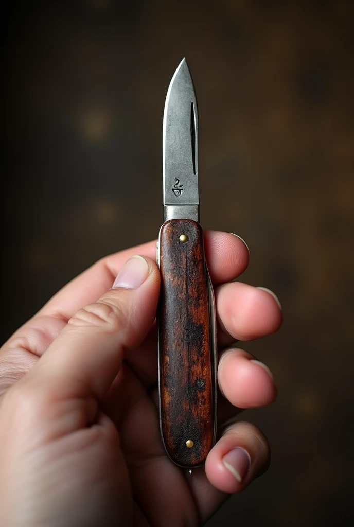 old pocketknife with hand holding it