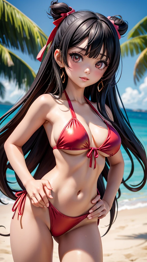 v idol. 29-years-old Japanese woman. very curvasious and medium breast. gold eyes. long black hair to her shoulders and bangs in the front. Red ribbon in her hair, wearing a pink swimsuit, beach bar background, hands on hips, back facing viewers
