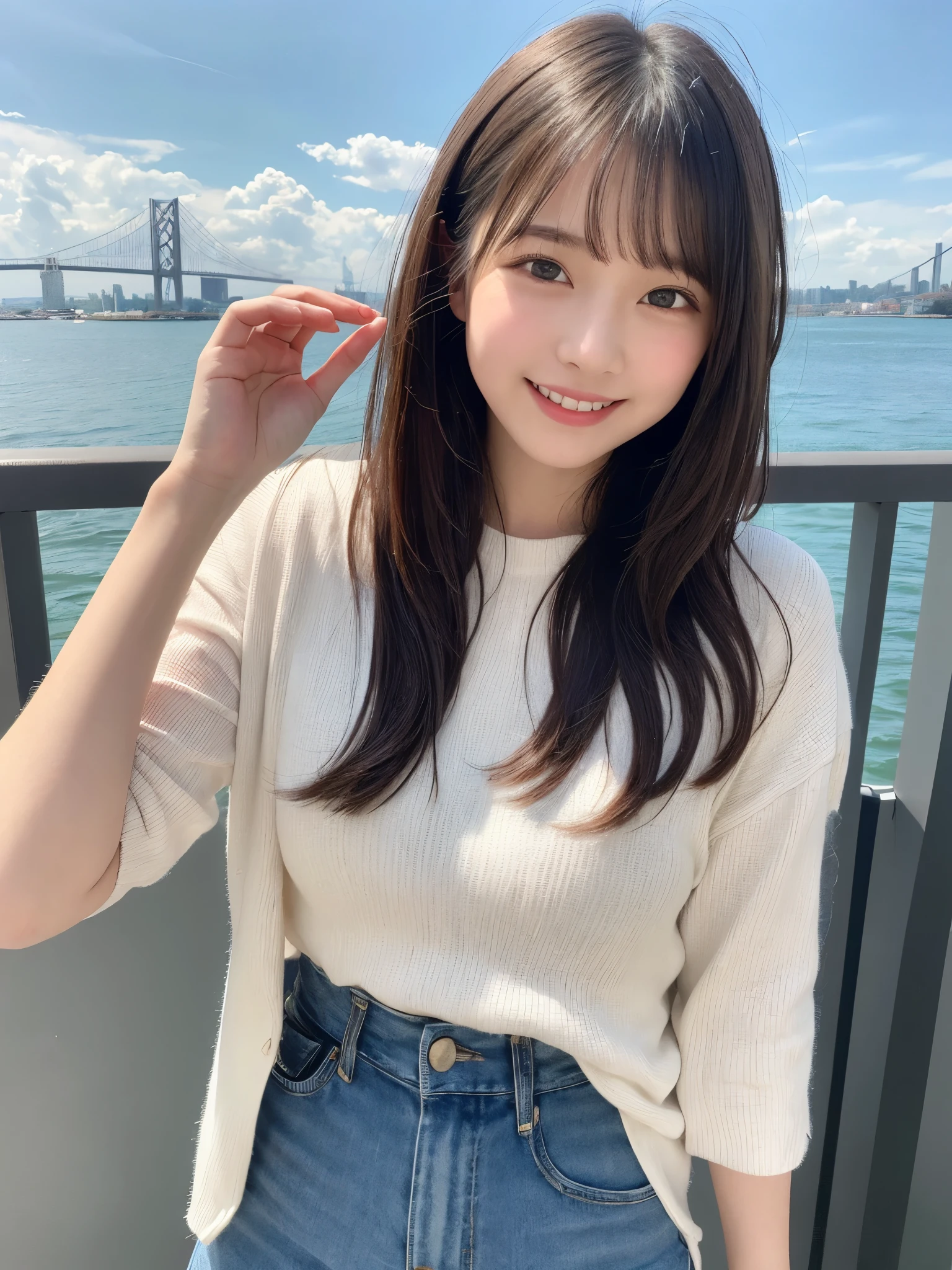 1girl, , cute and beautiful, solo, highres, best_quality, masterpiece, detailed_background, intricate_details, beautiful, tokyo, odaiba, ocean_view, futuristic, casual_clothes, modern_fashion, smile, looking_at_viewer, dynamic_pose, natural_pose, candid, happy