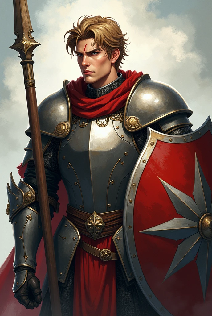 Anime 25 years old male paladin with a determined expression, wearing detailed holly armor and wielding a lance in a hand and a large shield in the other, the armor its heavy and he have a scar on his face