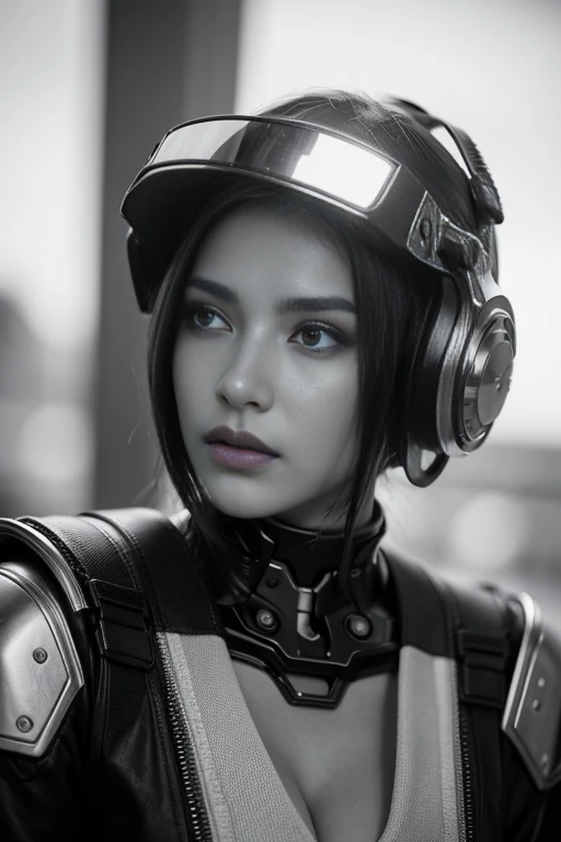 Close-up of a very beautiful girl adorned with robotiec elements, cyberpunk environment, (mysterious) and (brutal) ambiance, mechanized military helmet detail decorated with terminator bones skull.
Photo taken with Canon EOS R5 85mm f/11 Camera, ((sharp)) mode of people and surrounding scenery. Image quality ((8K)), ((lifelike)), ((masterpiece)), ((sharp and highest contrast)), ((great depth of field)), ((light stereolithography)).