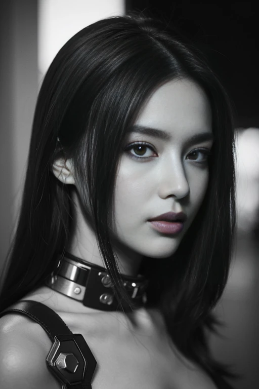 Close-up of a very beautiful girl adorned with robotiec elements, cyberpunk environment, (mysterious) and (brutal) ambiance, mechanized military helmet detail decorated with terminator bones skull.
Photo taken with Canon EOS R5 85mm f/11 Camera, ((sharp)) mode of people and surrounding scenery. Image quality ((8K)), ((lifelike)), ((masterpiece)), ((sharp and highest contrast)), ((great depth of field)), ((light stereolithography)).