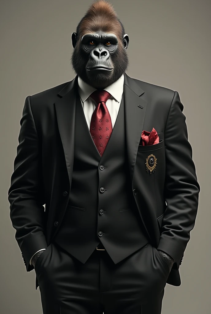 gorilla wearing a suit with his hands in his pockets with a kratos tattoo